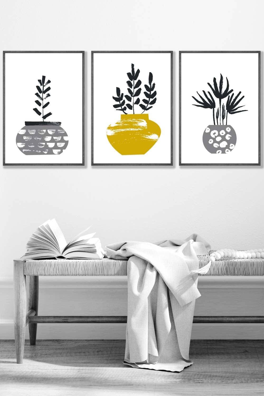 Scandi Yellow Grey Cactus Pots Framed Wall Art - Medium